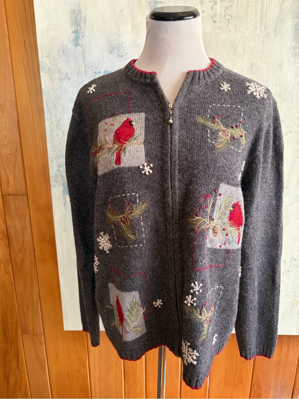croft & barrow XL Gray Christmas Zip Cardigan Sweater Red Cardinal Embroidery